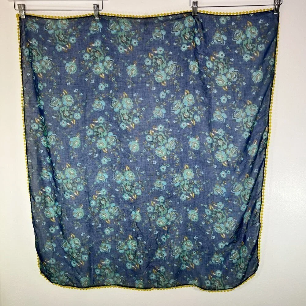 Women's‎ Square Scarf 40 in Blue Floral Yellow Crochet Hem Sheer Vibrant Coverup